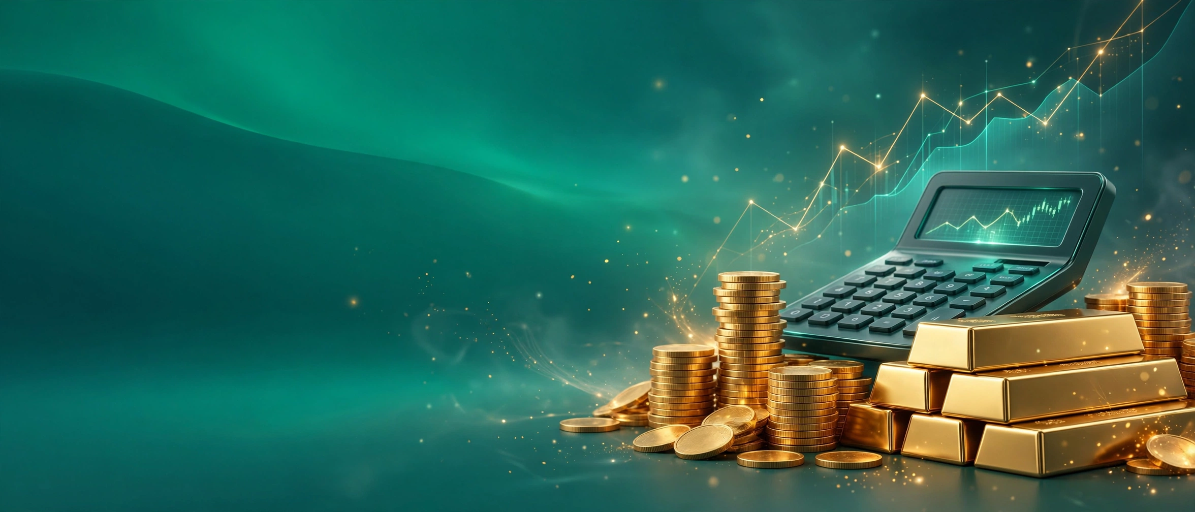 Finance illustration: globe, gold bars, calculator and rising chart